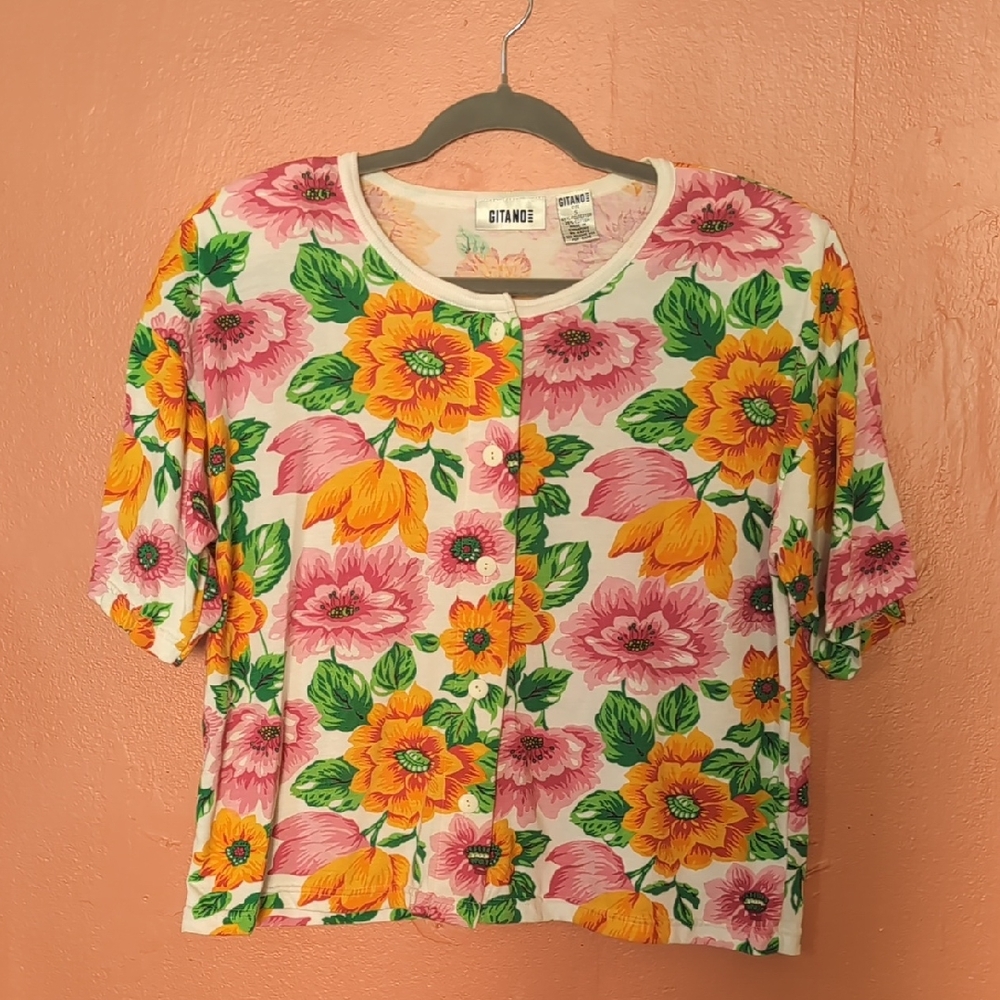 Vintage 90's Gitano Pink and Orange Floral Buttoned Boxy Blouse